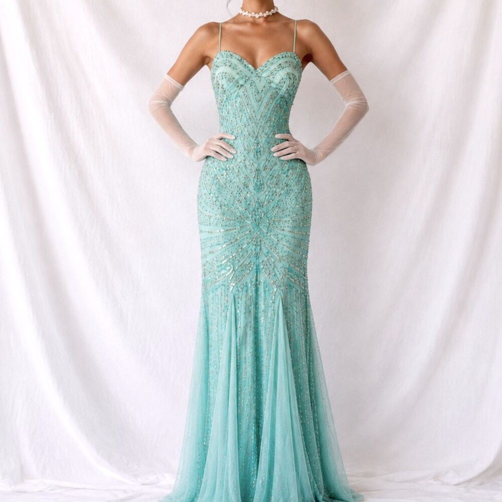 Vintage Y2K Pastel Blue Beaded Mesh A-Line Formal Maxi Prom Dress Size M